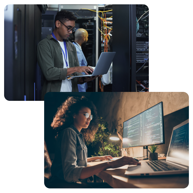 Calbright's Network Technology (Network+) Network Architect in a Computer Server Room and a Network Technician working on a Computer