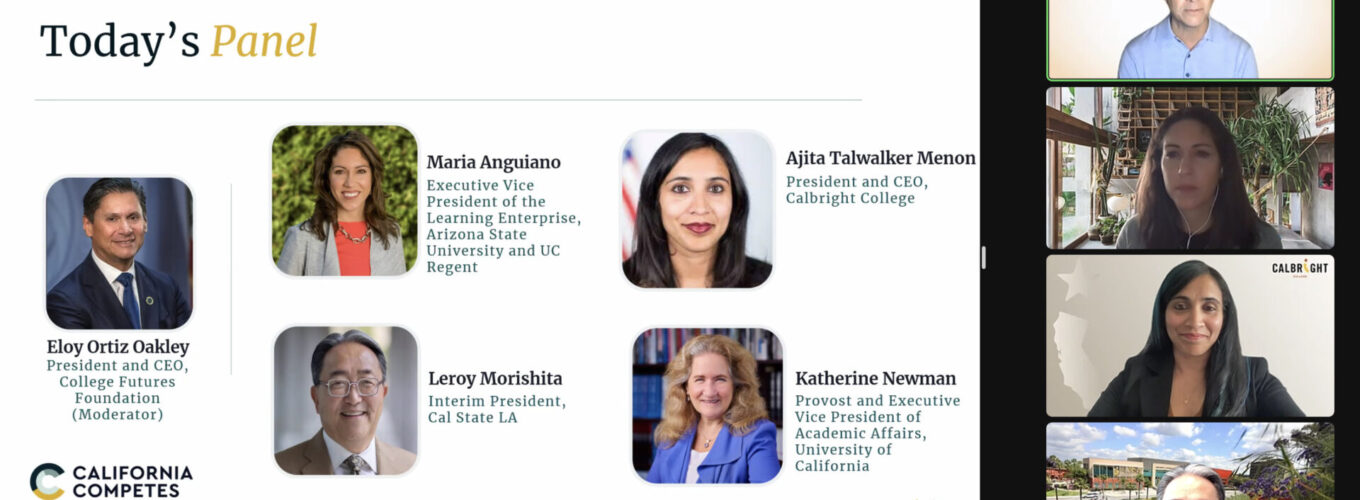 A screen shot of a webinar held by California Competes, featuring Calbright College's president, Ajita Talwalker Menon, as a panelist. Calbright is a free online community college focused on working adult students.