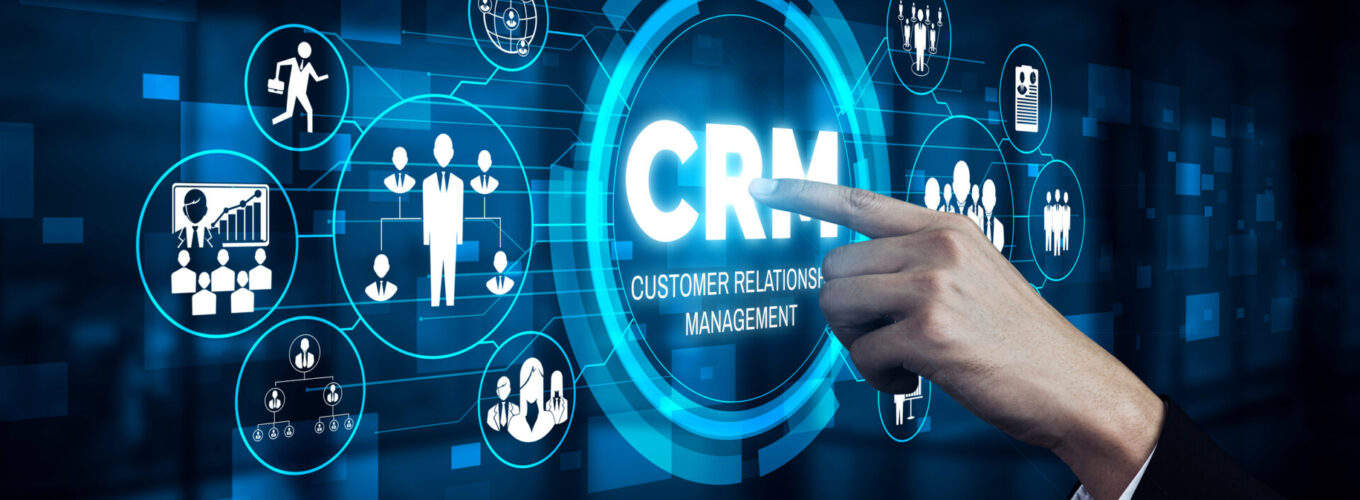 CRM Customer Relationship Management for business sales marketing system concept presented in futuristic graphic interface of service application to support CRM database analysis.