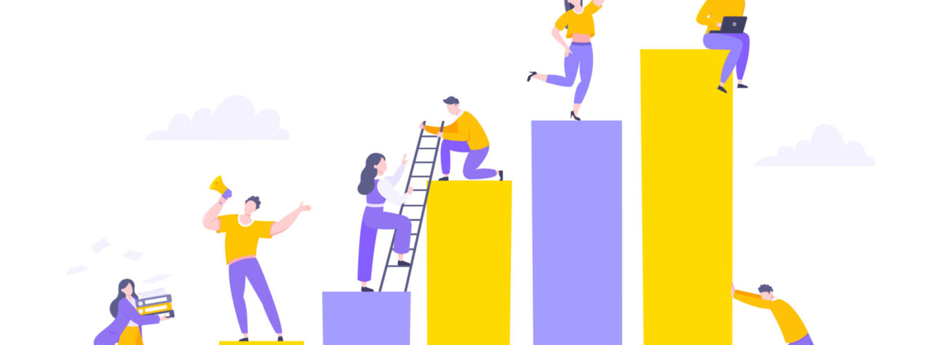 Career climbing and supporting with giving a helping hand business concept flat style design vector illustration. Collective teamwork and partnership or mentoring metaphor.