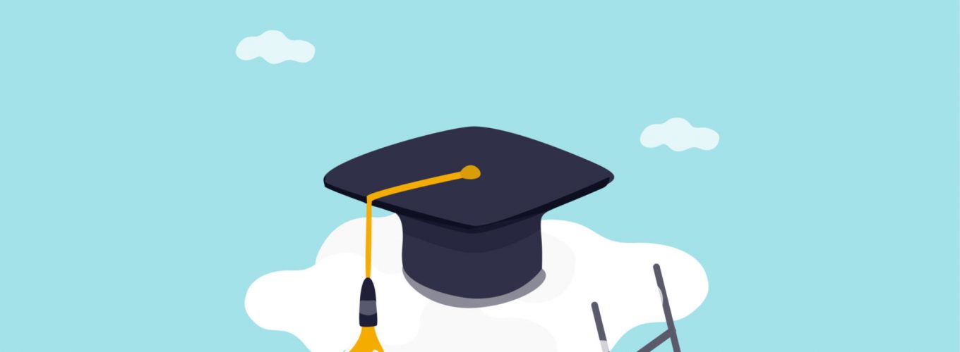 High education, cost and expense to graduate high degree education concept, graduation cap on high cloud with ladder.