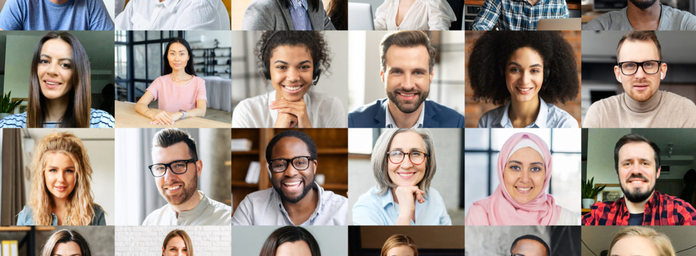 Crowded video screen with diverse multinational people on it. Video meeting online for office employees working remotely. Multiracial colleagues involved in online conference, video call.