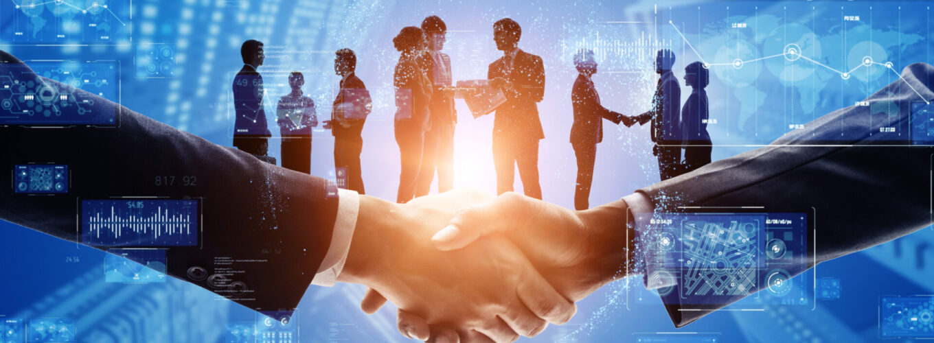 Digital business network. Group of people. Shaking hands. Customer support. Human relationship. Success of business. Management strategy. Network technology.
