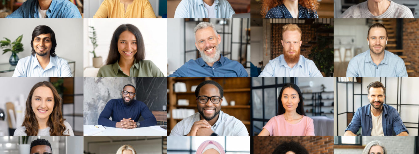 Conference call, shared screen, portraits of diverse employees. Crowded video screen, briefing, brainstorm, virtual meeting of multiracial work team, new online platform for video connection