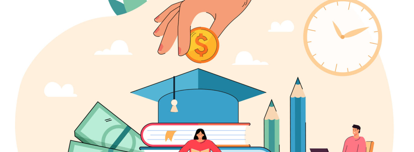 Tiny students sitting near books getting university degree and paying money. Education business flat vector illustration. College scholarship, finance system, school fee, economy, student loan concept