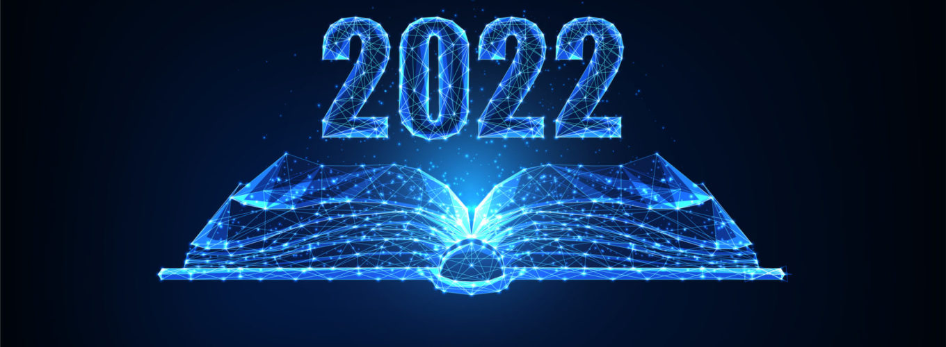 Abstract 2022 Happy New Year concept banner with open book in futuristic glowing polygonal style on dark blue background. Modern wireframe design vector illustration.