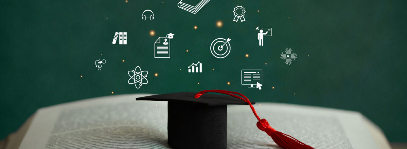 E-learning graduate certificate program concept.graduation hat on the book with education icons. Internet education course degree, Idea of learning online class.Webinar Online Courses. Graduation.