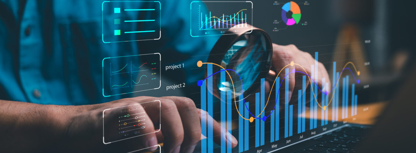 Business and technology Data analyst working on business analytics dashboard with charts, metrics and KPI to analyze performance and create insight reports for operations management. Big data.