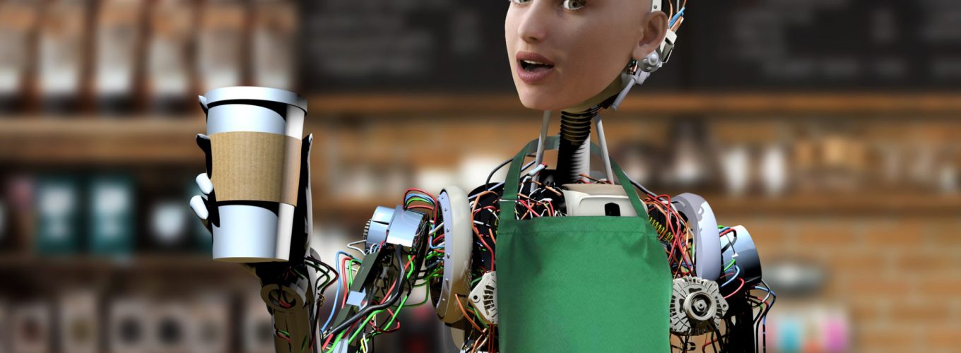 Beautiful barista cyborg is giving a hot coffee. Caffeine addiction in the future.

Unemployment will soon increase with the inclusion of robots in our lives.