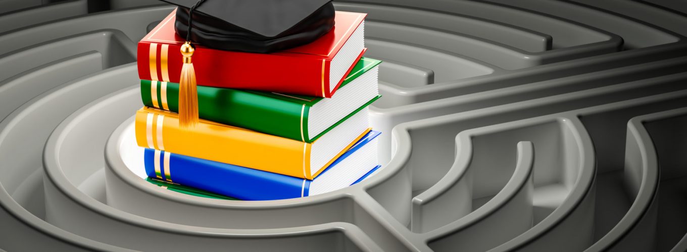 Books with graduation cap inside labyrinth maze. 3D rendering